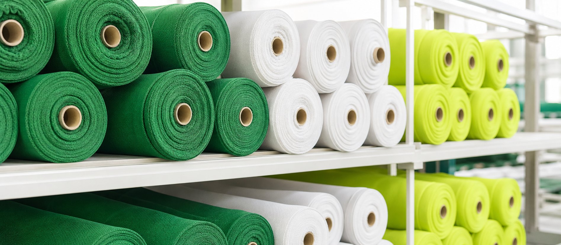 Rolls of performance fabric in green, white and volt