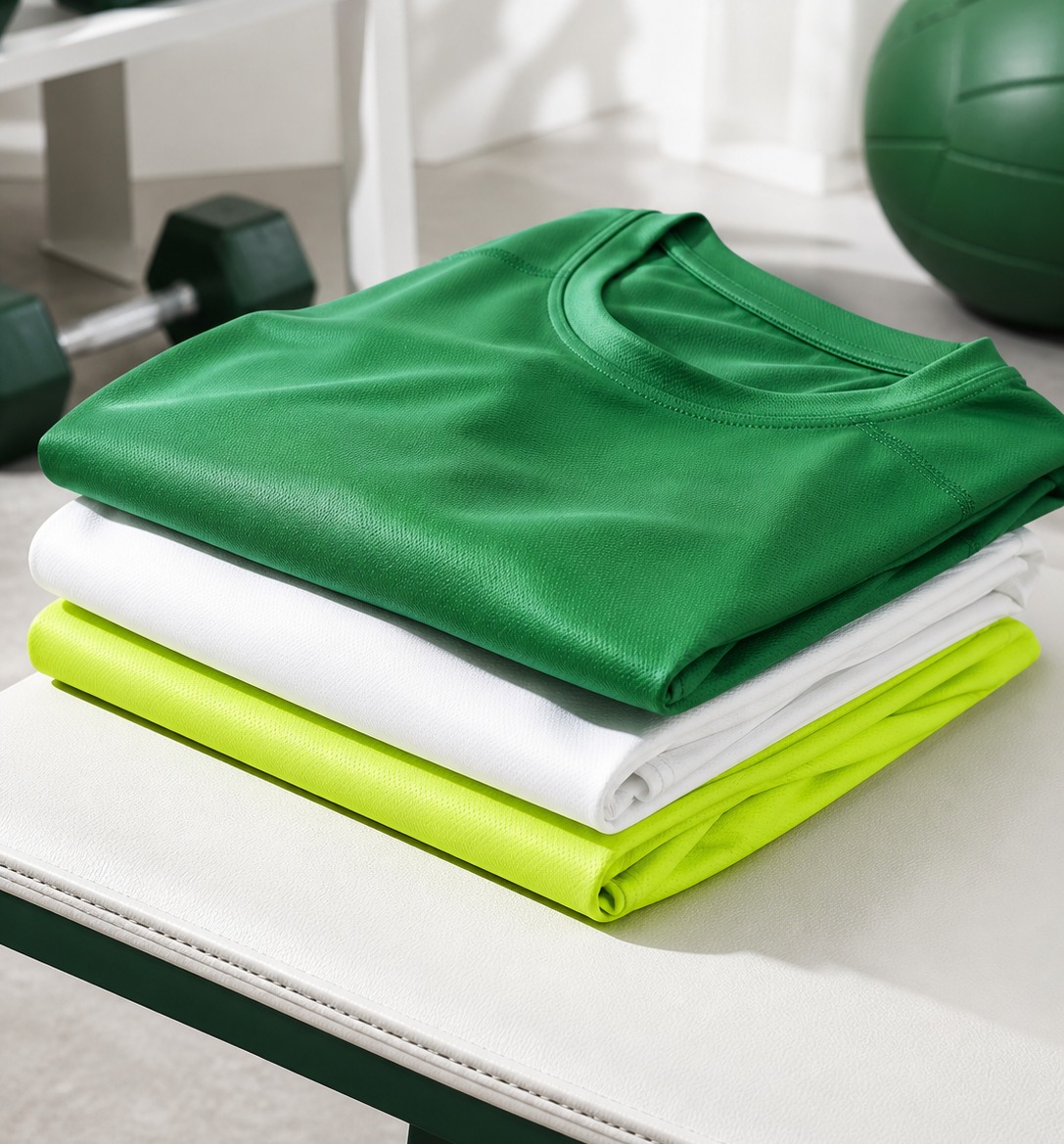 Performance t-shirts folded in green, white and volt